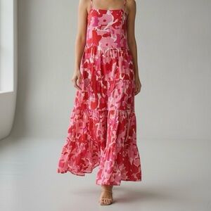 KAIMILAN Red and Pink Floral Tiered Flowy Sundress Brunch Vacation Size 8 NWT